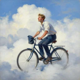 A man riding his bicycle through the clouds in the sky, evokes feelings of wonder and amazement, an expressive oil painting by Krenz Cushart