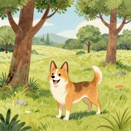 a happy dingo in the style of may gibbs, gum trees,