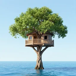 a tree with a tree house in it in the ocean
