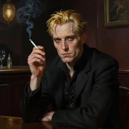 matte painting character illustration of john constantine sitting down in a shadowed corner of the room at a bar in london smoking a cigarette, digital painting, illustration, john singer sargent, gothic, amazing values, 8 k, symmetrical face details, realistic face details, realistic eyes, moody lighting, blonde man, octane render