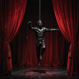 puppet on string behind red curtains, an album cover, very dark ambiance, scary, surrealism, no watermark