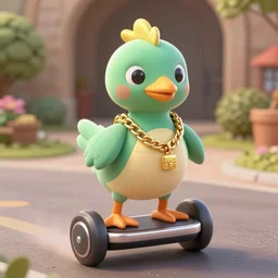 a cartoon of a hover boarding dodo wearing a gold chain