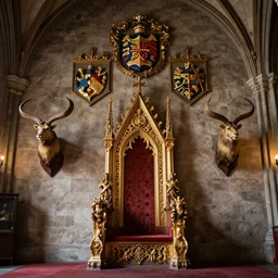 photo of castle throne room, interior view, stone walls, majestic, gothic architecture, gilded, intricate interior design, heraldic crests on the wall, mounted taxidermy animal heads, in norway, sublime, cinematic, photographic