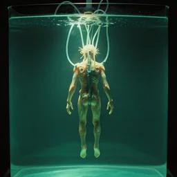 a weird humanoid creature is suspended in a tank of dense liquid, weightlessness, tubes coming from the top of the tank connecting to the creature's body, back lit, green glow, 35 mm film photography