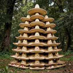 an extremely tall stack of sombreros, alone in a forest, highly details photograph