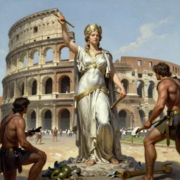 A goddess presides over a gladiatorial match, by Greg Rutkowski, Frank Frazetta, Boris Vallejo, epic fantasy character art, olympus, Exquisite detail, post-processing, masterpiece, cinematic, Coliseum of Rome