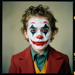 kodak portra 4 0 0, 8 k, highly detailed, britt marling style 3 / 4 photographic close, medium format, press award winning colour portrait of a handsome 1 0 year old boy with a joker makeup, up face with 1 9 2 0 s hairstyle, 1 9 2 0 s clothing style, asymmetrical, hasselblad x 1 d - 5 0 c, 1 0 0 mm f 1. 8, soft light