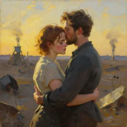 craig robinson and emma watson, tender embrace, golden hour, nuclear wasteland, oil on canvas by william sidney mount, trending on artstation