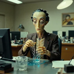 the strange creature at the office that gave me life, made of wax and water, film still from the movie directed by Denis Villeneuve with art direction by Salvador Dalí, wide lens