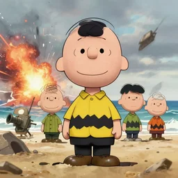 beautiful portrait of charlie brown storming the beaches of normandy during d - day during world war 2. explosions. character design by disney, charlie bowater, ross tran, artgerm, and makoto shinkai, detailed, soft lighting, rendered in octane