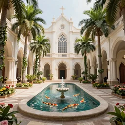 beautiful grand cathedral interior with!! koi pond!! in the! middle! surrounded by palm trees, ivy,!! flowers!!, ( tropical plants ),!! roses!!, and with archways, rendered in octane render with photorealistic volumetric cinematic lighting, wide angle, horizontal symmetry, symmetrical! 8 k