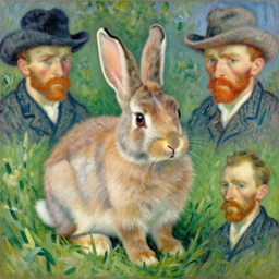 beautiful cute portrait post - impressionist painting of a bunny in the grass, by henri de toulouse - lautrec, camille pissarro, paul cezanne, henri rousseau, vincent van gogh, henri - edmond