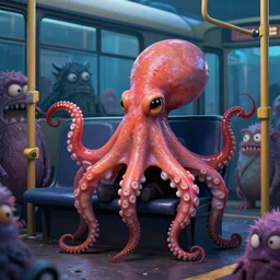 a strange bird octopus chimera creature waiting for the bus with other monsters, in the style of shaun tan and sam shearon, glossy, beautiful, fantastic, wonderful, dramatic lighting, high contrast, 8 k octane render
