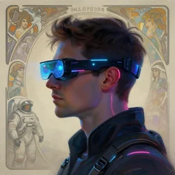 sillouete side view future coder man, sleek cyclops display over eyes and glowing headset, neon accents, holographic colors, desaturated headshot portrait digital painting by ivan bilibin, alphonse mucha, donato giancola, john berkey, dean cornwall, alex grey, tom whalen, astronaut cyberpunk electric lights profile