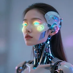 photo of dreamy female as a solarpunk cyborg with fluorescent lamps over face, robotic body parts around neck, real human face with skin, ultra - realistic and detailed, long exposure, soft focus hdr 8 k