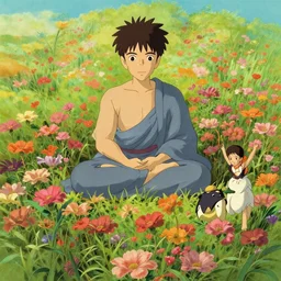 buddhism, flower field, in the style of studio ghibli, j. c. leyendecker, greg rutkowski, artem