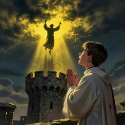 Close up of a terrified young catholic priest at the top of a medieval tower watches as an ominous yellow shadow descends upon him from the night sky. He is seen from above fervently praying. Dramatic lighting. Award-winning digital art, trending on ArtStation