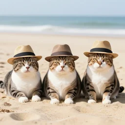 cats wearing fedoras relaxing on a beach