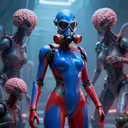 big budget scifi movie set in futuristic world with alien brainsuckers killing female cyborg in shiny blue and red rubber and gas mask