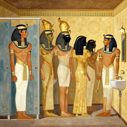 anceint egyptian painting depicting cleopatra waiting in line for the bathroom at the house party