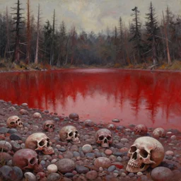 bloody red lake with skull shaped pebbles on the shore surrounded by spikey trees, oil painting
