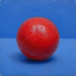 red ball on monochrome blue background, oil on canvas