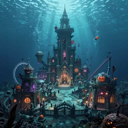 a horror based underwater suburb based on an amusement park during halloween that takes place incredibly deep underwater and is built on the idea of the lost city of atlantis, halloween decorations, underwater city, amusement park, spooky, amusement park attractions, deep sea, horror themed, fun, concept art, in the style of harper groff