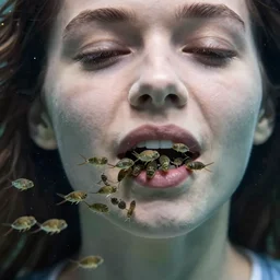 a woman underwater closeup of her face and her mouth is full of hundreds of tadpoles swimming out 3 5 mm cinematic 8 k hdr