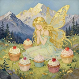 faerie spirit of cupcakes lost in the mountains. this gouache and gold leaf work by the award - winning mangaka has a beautiful composition and intricate details.