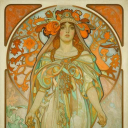 a beautiful goddess wearing thin robes and a ceremonial veils creating a new world, high detail, painterly, on canvas, expressive, cornflower orange green, artgerm, alphonse mucha and craig mullins, tonal colors, 4 k, detailed and intricate, elegant, ornate, artstation, cinematic, film grain, movie poster, relief carving