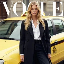 beautiful blonde model standing in front of a german taxi, vogue magazine editorial, highly detailed