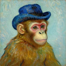 a beautiful oil painting of a monkey in a blue top hat , 8k , award winning , made in 1800's , old , painted by vincent van gogh