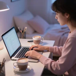 a photograph of a person sitting at a desk, looking at laptop, dimly lit bedroom, hot cocoa drink on desk, professional photography, pastel tones, 4 k, 8 k