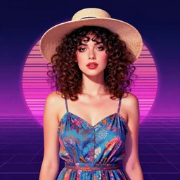 portrait of a woman with curly hair wearing a sundress and hat, digital art, retrowave epic art