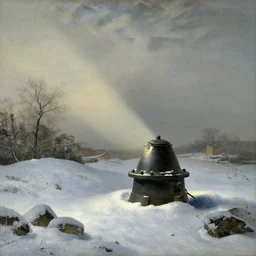 teleportation machine in a snowy landscape, light shining from the machine and illuminating the snow, style of dutch golden age