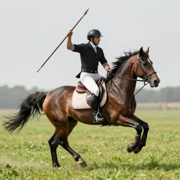 a horse, riding a horse, wielding a pike, wielding a spear.