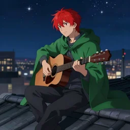 dreamy red haired man character with a guitar in his hand, sitting on a roof top at night with many stars, wearing a nice green cloak, very artistic pose, background in blurred, perfect lighting. professional design. great composition, illustration, highly detailed, digital painting, concept art, trending on artstation, by katsuya terada