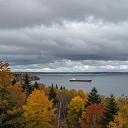 cloudy Lake Superior in Autumn, freighter in the distance, landscape, beautiful artwork by ivan_shishkin
