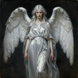 who is this with silver hair so pale and wan! and thin!? petite female angel, wearing long silver robes, flowing hair, pale fair skin, you g face, silver hair, covered!!, clothed!! lucien levy - dhurmer, jean deville, oil on canvas, 1 8 9 6, 4 k resolution, aesthetic!, mystery