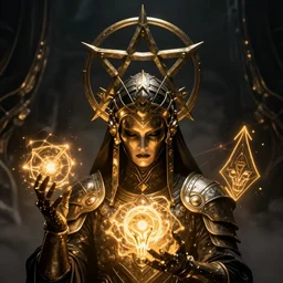 a dark sci fi matte painting portrait of a futuristic shadow priest wearing a massive ornate headdress made of realistic metal forming into a pentagram and wearing metal armor, glowing death spells, art deco shapes, cinematic lighting, rim light smooth, dark sci fi, unreal engine, octane render, by blizzard studios, golden rule, vivid colors, subject in center of frame, fog volumes, evil glow, cgsociety