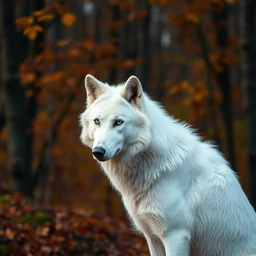 white wolf with blue eyes, in the autumn forest, realistic, 8 к, fullbody photo
