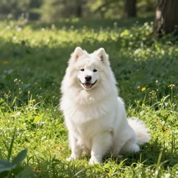 a samoyed dog sitting in the middle of sunny meadow, colored, by Makoto Yukimura