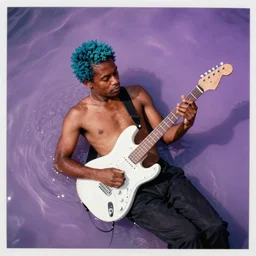 aerial photograph of a man with brown skin and short teal blue hair playing a white electric guitar laying in periwinkle light purple water, top down film photograph