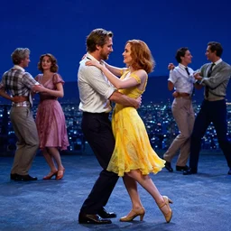 a cinematic still of ryan gosling and emma stone dancing in the night in the movie lalaland ( 2 0 1 6 ), evening, highly detailed matte painting, by stanley artgerm lau, greg rutkowski, thomas kinkade, alphonse mucha, loish, norman rockwell, artstation