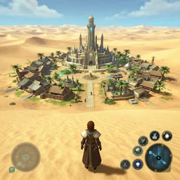 an isolated bustling religious warrior village with spiritual sacred alien architecture in the lush oasis of a vast hot sand desert, 3 rd person action adventure, let's play, walkthrough, screenshot, gameplay, final fantasy, square enix, jrpg, cutscene, unreal engine, 4 k, ultra high settings, rtx, next gen graphics, playstation 5