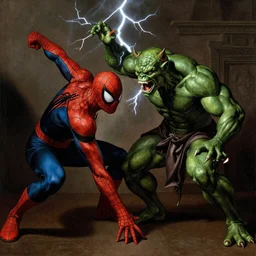 spider man is fighting green goblin, in style of Caravaggio, dramatic lightning,