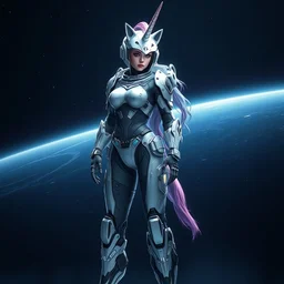 beautiful feminine cyborg in full body space suit, unicorn helmet, steel boots, concept art by artgerm, photoshoot, intricate, highlydetailed, space background, artstation 4 k raytracing, shadows, highlights - n 4