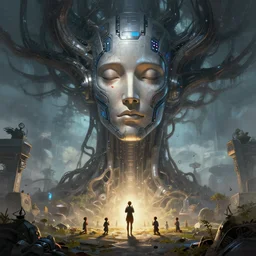 digital painting of tiny people praying to monumental conscious supercomputer with huge - cybernetic - face!!!! in the enormous cybernetic - metal - living tree, trending on artstation, horizon zero dawn style, high quality, ant's eye view perspective