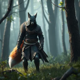 a medieval anthropomorphic fox assassin with a fluffy tail in the forest, assassins creed