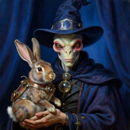 a close - up portrait painting of an alien wizard magician holding a steampunk rabbit. deep blue curtains in a gloomy dark background. highly detailed science - fiction painting by norman rockwell, moebius, frank frazetta, and syd mead. rich colors, high contrast. artstation